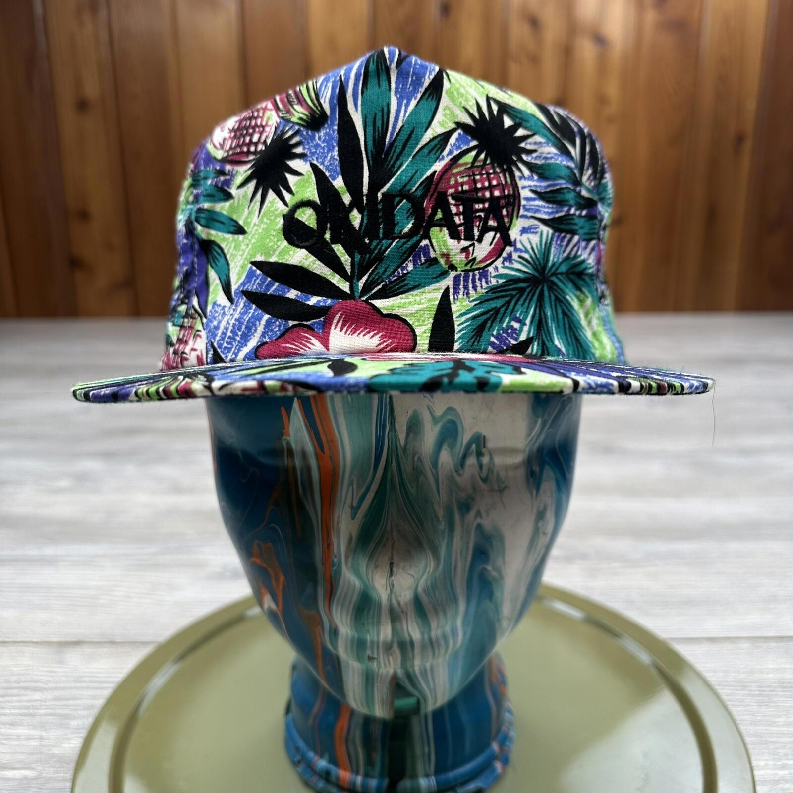 Vtg Okidata Hat Strapback Green Floral Hawaiian High Crown Golf Performance